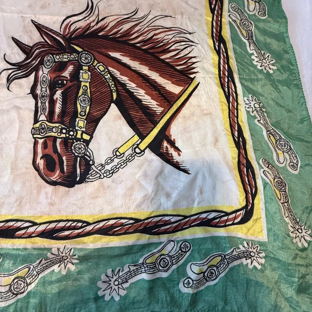 Vintage Scarf Equestrian Horse Horseshoe Green Cream Square Western Cowboy